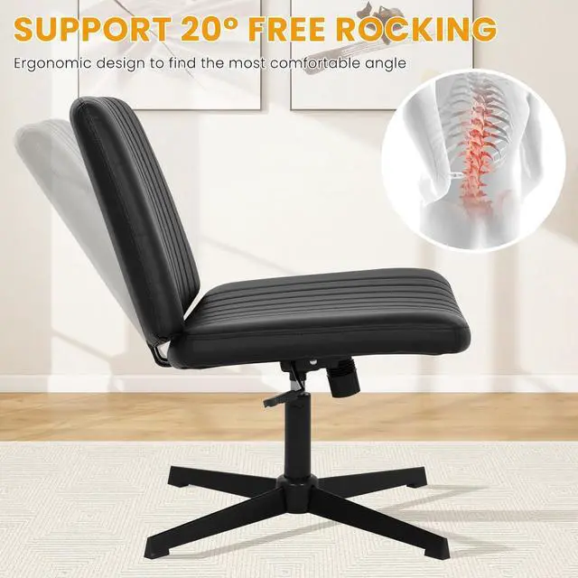 Alt view image 3 of 14 - Cross Legged Office Chair Desk Chair Without Wheels,Vanity Chair with Back Ergonomic Swivel Armless Chair Adjustable Height 29-34 Comfy Meditation Cloud Task Chair for HomeBlack