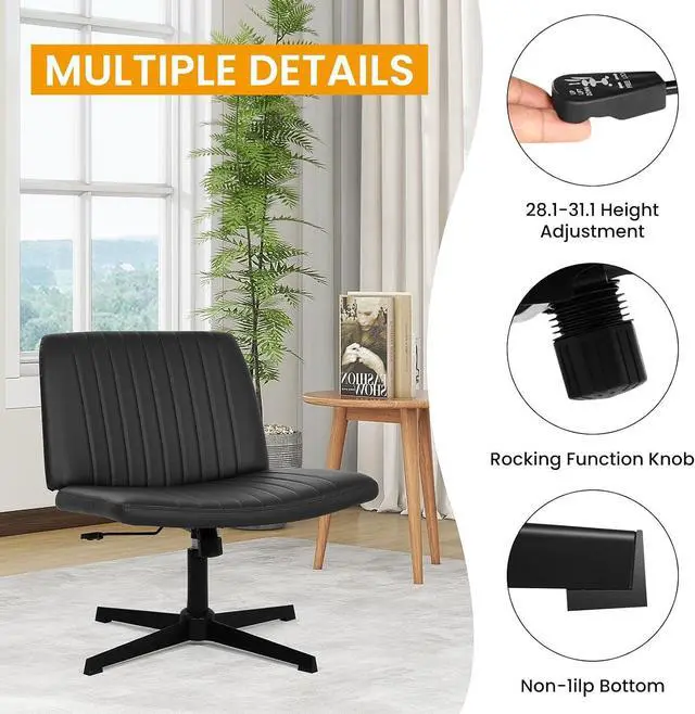 Alt view image 5 of 14 - Cross Legged Office Chair Desk Chair Without Wheels,Vanity Chair with Back Ergonomic Swivel Armless Chair Adjustable Height 29-34 Comfy Meditation Cloud Task Chair for HomeBlack