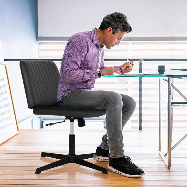 Alt view image 7 of 14 - Cross Legged Office Chair Desk Chair Without Wheels,Vanity Chair with Back Ergonomic Swivel Armless Chair Adjustable Height 29-34 Comfy Meditation Cloud Task Chair for HomeBlack