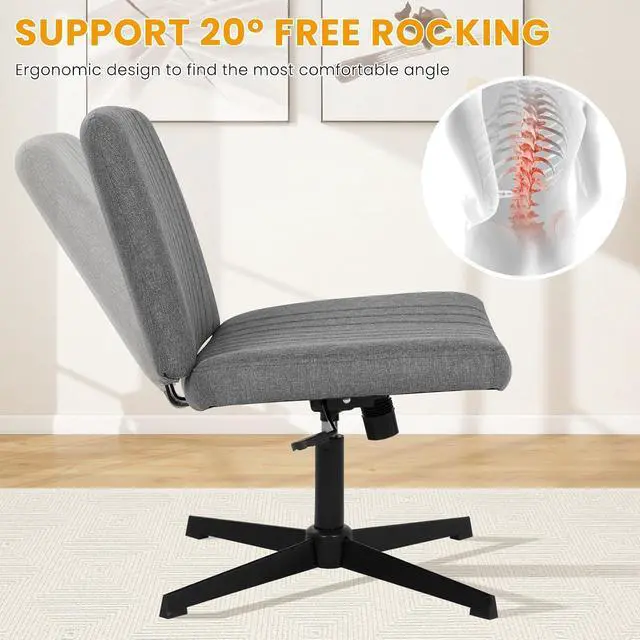 Alt view image 3 of 7 - Cross Legged Office Chair Desk Chair Without Wheels,Vanity Chair with Back Ergonomic Swivel Armless Chair Adjustable Height 29-34 Comfy Meditation Cloud Task Chair for HomeGrey
