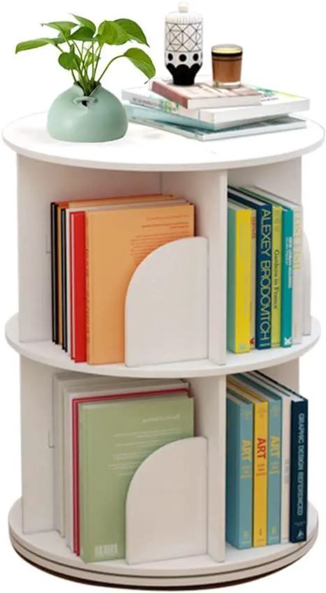 Main image of Rotating Bookshelf 360 Display 2 Tier Floor Standing Bookcase White Storage Rack Stackable Shelves for Kids&Adults Solid Wood Bookshelf Organizer