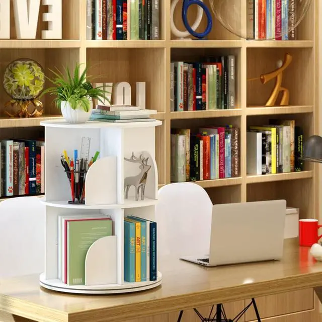 Alt view image 2 of 7 - Rotating Bookshelf 360 Display 2 Tier Floor Standing Bookcase White Storage Rack Stackable Shelves for Kids&Adults Solid Wood Bookshelf Organizer