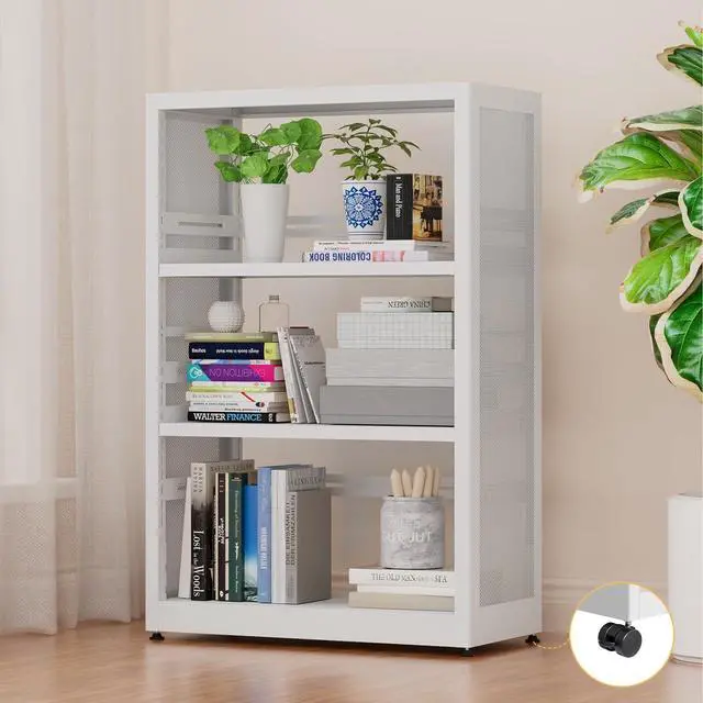 Main image of 3-Tier Book Shelf, White Bookcase with Adjustable Shelves, Tall Metal Display Shelf with Wheels - Industrial Bookshelf for Kitchen, Living Room, Office, Library - Assembly Required