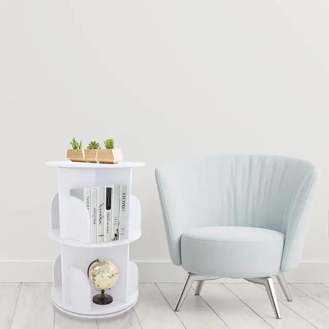 Alt view image 7 of 7 - Rotating Bookshelf 360 Display 2 Tier Floor Standing Bookcase White Storage Rack Stackable Shelves for Kids&Adults Solid Wood Bookshelf Organizer