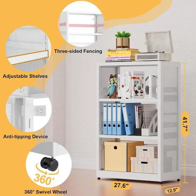 Alt view image 2 of 6 - 3-Tier Book Shelf, White Bookcase with Adjustable Shelves, Tall Metal Display Shelf with Wheels - Industrial Bookshelf for Kitchen, Living Room, Office, Library - Assembly Required