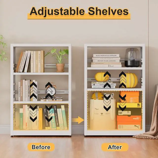 Alt view image 4 of 6 - 3-Tier Book Shelf, White Bookcase with Adjustable Shelves, Tall Metal Display Shelf with Wheels - Industrial Bookshelf for Kitchen, Living Room, Office, Library - Assembly Required