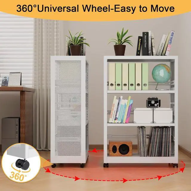 Alt view image 6 of 6 - 3-Tier Book Shelf, White Bookcase with Adjustable Shelves, Tall Metal Display Shelf with Wheels - Industrial Bookshelf for Kitchen, Living Room, Office, Library - Assembly Required