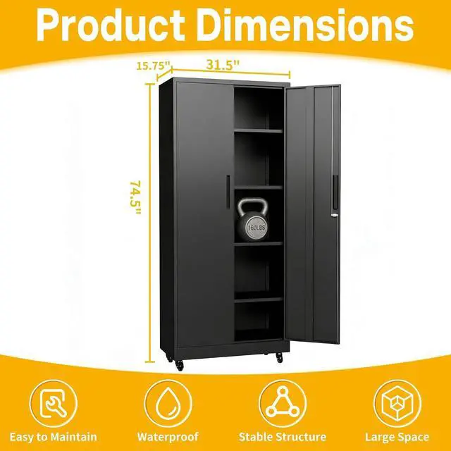 Alt view image 2 of 7 - Metal Storage Cabinet with Wheels, 74.5" Garage Storage Cabinet with 4 Adjustable Shelves & Lockable Doors, Heavy Duty Garage Cabinets for Office, Home, Garage, Gym, School