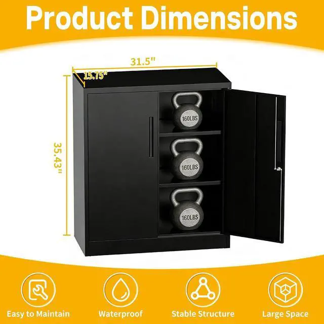 Alt view image 2 of 7 - Metal Storage Cabinet, 35" Garage Storage Cabinet with 2 Adjustable Shelves & Lockable Doors, Black Garage Cabinets for Office, Home, Garage, Gym, School