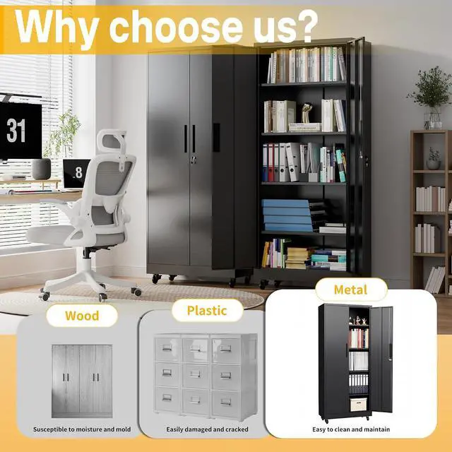 Alt view image 4 of 7 - Metal Storage Cabinet with Wheels, 74.5" Garage Storage Cabinet with 4 Adjustable Shelves & Lockable Doors, Heavy Duty Garage Cabinets for Office, Home, Garage, Gym, School