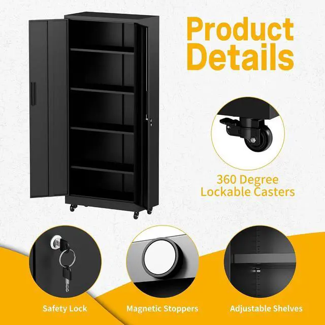 Alt view image 5 of 7 - Metal Storage Cabinet with Wheels, 74.5" Garage Storage Cabinet with 4 Adjustable Shelves & Lockable Doors, Heavy Duty Garage Cabinets for Office, Home, Garage, Gym, School