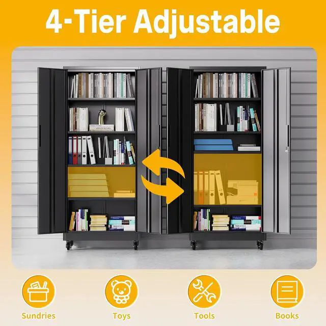 Alt view image 3 of 7 - Metal Storage Cabinet with Wheels, 74.5" Garage Storage Cabinet with 4 Adjustable Shelves & Lockable Doors, Heavy Duty Garage Cabinets for Office, Home, Garage, Gym, School