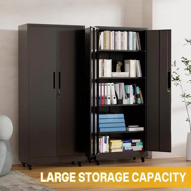 Alt view image 7 of 7 - Metal Storage Cabinet with Wheels, 74.5" Garage Storage Cabinet with 4 Adjustable Shelves & Lockable Doors, Heavy Duty Garage Cabinets for Office, Home, Garage, Gym, School