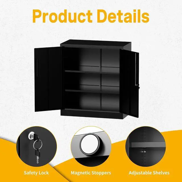 Alt view image 5 of 7 - Metal Storage Cabinet, 35" Garage Storage Cabinet with 2 Adjustable Shelves & Lockable Doors, Black Garage Cabinets for Office, Home, Garage, Gym, School