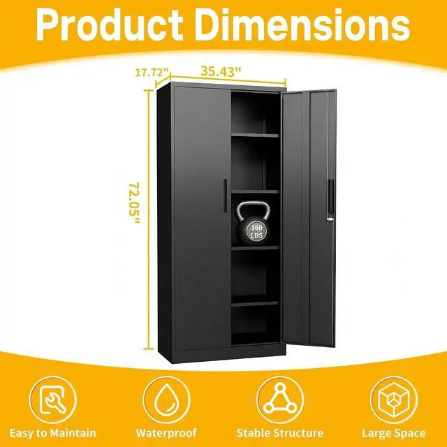 Alt view image 2 of 7 - Metal Storage Cabinet with 2 Doors and 4 Adjustable Shelves, 72" Garage Storage Cabinet with Lock, Tall Garage Cabinets for Office, Home, Garage, Gym, School