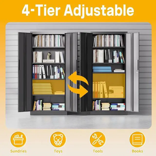 Alt view image 3 of 7 - Metal Storage Cabinet with 2 Doors and 4 Adjustable Shelves, 72" Garage Storage Cabinet with Lock, Tall Garage Cabinets for Office, Home, Garage, Gym, School