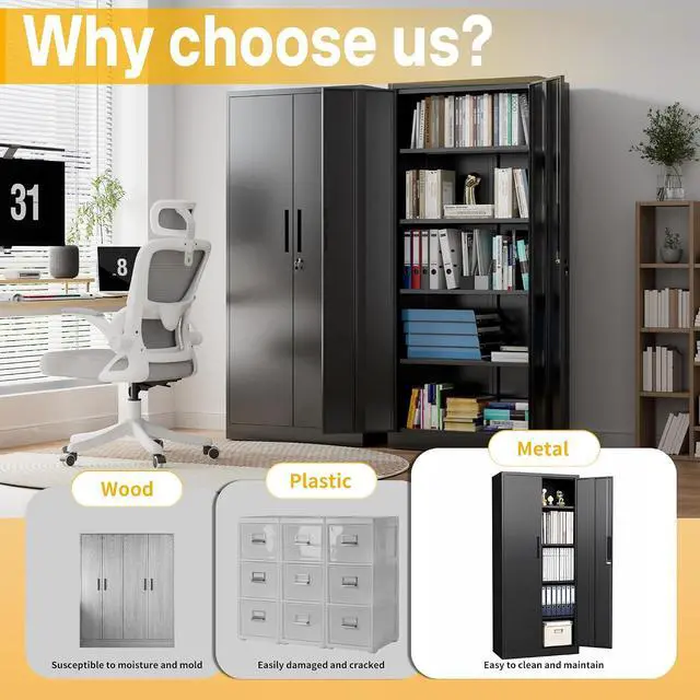 Alt view image 4 of 7 - Metal Storage Cabinet with 2 Doors and 4 Adjustable Shelves, 72" Garage Storage Cabinet with Lock, Tall Garage Cabinets for Office, Home, Garage, Gym, School