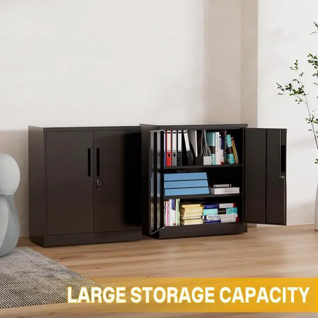 Alt view image 7 of 7 - Metal Storage Cabinet, 35" Garage Storage Cabinet with 2 Adjustable Shelves & Lockable Doors, Black Garage Cabinets for Office, Home, Garage, Gym, School