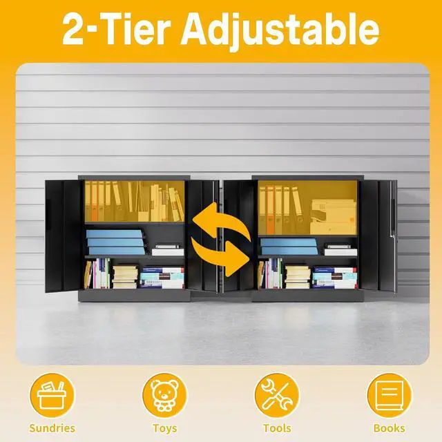 Alt view image 3 of 7 - Metal Storage Cabinet, 35" Garage Storage Cabinet with 2 Adjustable Shelves & Lockable Doors, Black Garage Cabinets for Office, Home, Garage, Gym, School
