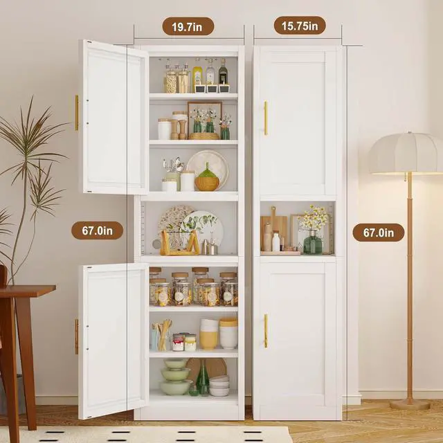 Alt view image 5 of 7 - 67" Tall Narrow Storage Cabinet Metal Bathroom Cabinet with 4 Adjustable Shelves, Freestanding Pantry Cupboard for Kitchen, Dining Room, Living Room Bathroom and Home Office (White)