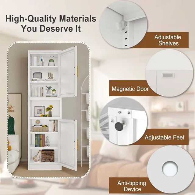 Alt view image 4 of 7 - 67" Tall Narrow Storage Cabinet Metal Bathroom Cabinet with 4 Adjustable Shelves, Freestanding Pantry Cupboard for Kitchen, Dining Room, Living Room Bathroom and Home Office (White)