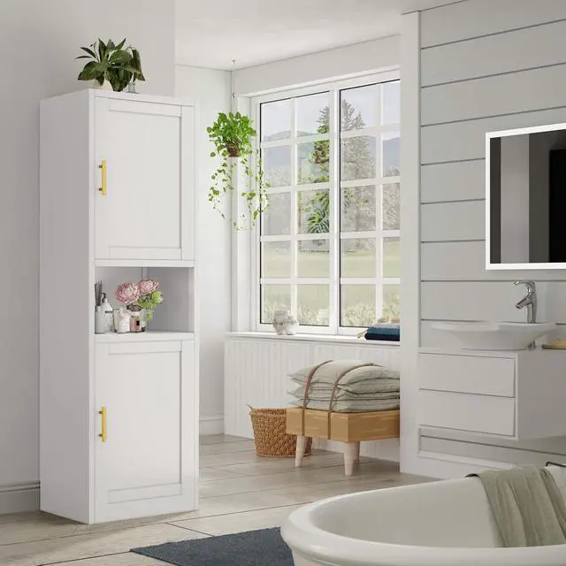 Alt view image 2 of 7 - 67" Tall Narrow Storage Cabinet Metal Bathroom Cabinet with 4 Adjustable Shelves, Freestanding Pantry Cupboard for Kitchen, Dining Room, Living Room Bathroom and Home Office (White)