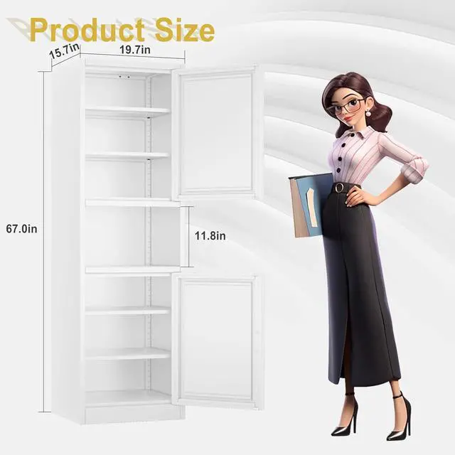 Alt view image 3 of 7 - 67" Tall Narrow Storage Cabinet Metal Bathroom Cabinet with 4 Adjustable Shelves, Freestanding Pantry Cupboard for Kitchen, Dining Room, Living Room Bathroom and Home Office (White)