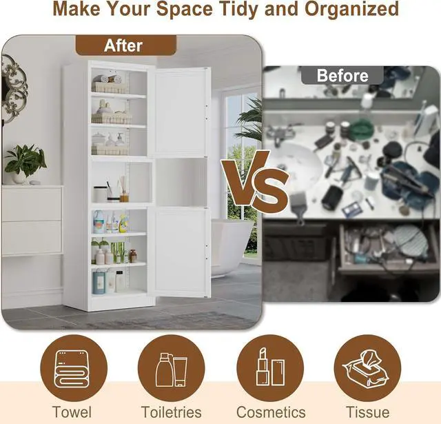 Alt view image 6 of 7 - 67" Tall Narrow Storage Cabinet Metal Bathroom Cabinet with 4 Adjustable Shelves, Freestanding Pantry Cupboard for Kitchen, Dining Room, Living Room Bathroom and Home Office (White)