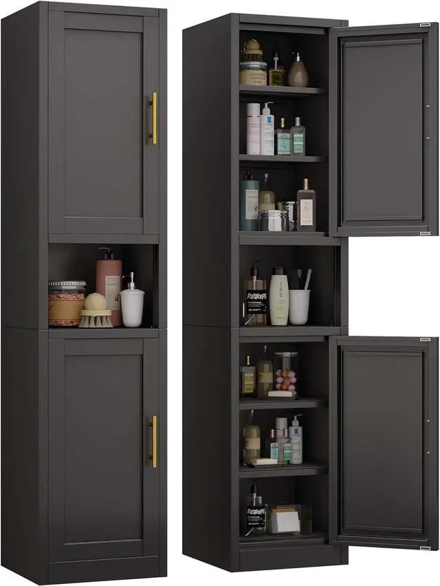 Main image of 67" Tall Narrow Storage Cabinet Metal Bathroom Cabinet with 4 Adjustable Shelves, Freestanding Pantry Cupboard for Kitchen, Dining Room, Living Room Bathroom and Home Office (Black)