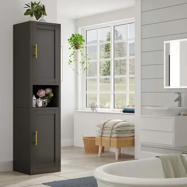 Alt view image 2 of 7 - 67" Tall Narrow Storage Cabinet Metal Bathroom Cabinet with 4 Adjustable Shelves, Freestanding Pantry Cupboard for Kitchen, Dining Room, Living Room Bathroom and Home Office (Black)