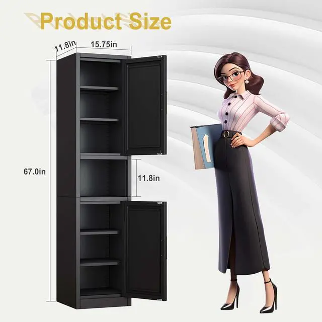 Alt view image 3 of 7 - 67" Tall Narrow Storage Cabinet Metal Bathroom Cabinet with 4 Adjustable Shelves, Freestanding Pantry Cupboard for Kitchen, Dining Room, Living Room Bathroom and Home Office (Black)