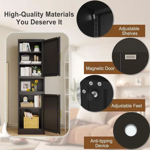 Alt view image 4 of 7 - 67" Tall Narrow Storage Cabinet Metal Bathroom Cabinet with 4 Adjustable Shelves, Freestanding Pantry Cupboard for Kitchen, Dining Room, Living Room Bathroom and Home Office (Black)