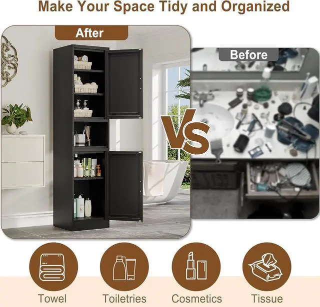 Alt view image 6 of 7 - 67" Tall Narrow Storage Cabinet Metal Bathroom Cabinet with 4 Adjustable Shelves, Freestanding Pantry Cupboard for Kitchen, Dining Room, Living Room Bathroom and Home Office (Black)