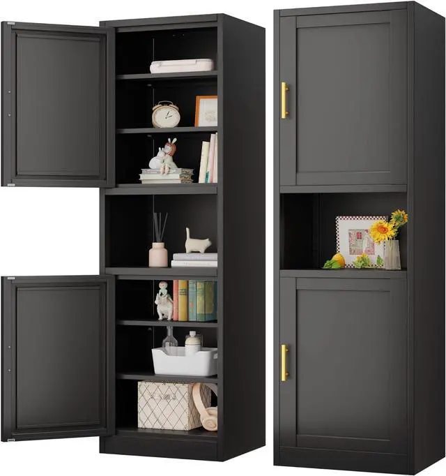Main image of 67" Tall Narrow Storage Cabinet Metal Bathroom Cabinet with 4 Adjustable Shelves, Freestanding Pantry Cupboard for Kitchen, Dining Room, Living Room Bathroom and Home Office (Black)