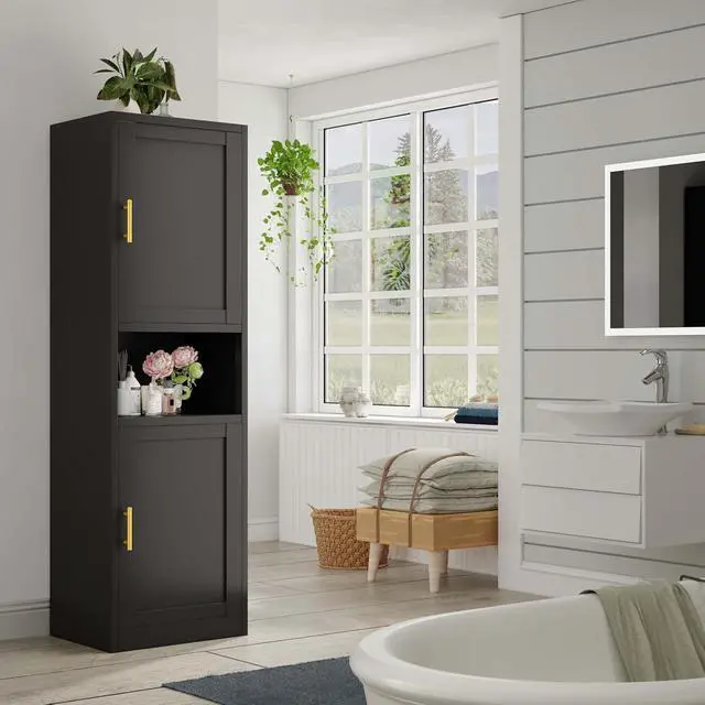 Alt view image 2 of 7 - 67" Tall Narrow Storage Cabinet Metal Bathroom Cabinet with 4 Adjustable Shelves, Freestanding Pantry Cupboard for Kitchen, Dining Room, Living Room Bathroom and Home Office (Black)