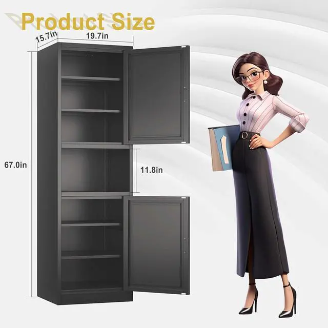 Alt view image 3 of 7 - 67" Tall Narrow Storage Cabinet Metal Bathroom Cabinet with 4 Adjustable Shelves, Freestanding Pantry Cupboard for Kitchen, Dining Room, Living Room Bathroom and Home Office (Black)