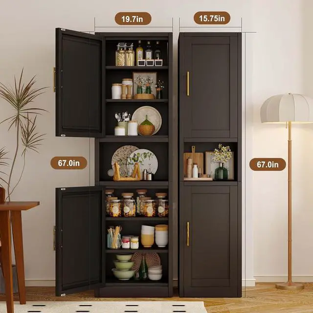 Alt view image 5 of 7 - 67" Tall Narrow Storage Cabinet Metal Bathroom Cabinet with 4 Adjustable Shelves, Freestanding Pantry Cupboard for Kitchen, Dining Room, Living Room Bathroom and Home Office (Black)