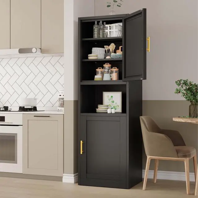 Alt view image 7 of 7 - 67" Tall Narrow Storage Cabinet Metal Bathroom Cabinet with 4 Adjustable Shelves, Freestanding Pantry Cupboard for Kitchen, Dining Room, Living Room Bathroom and Home Office (Black)