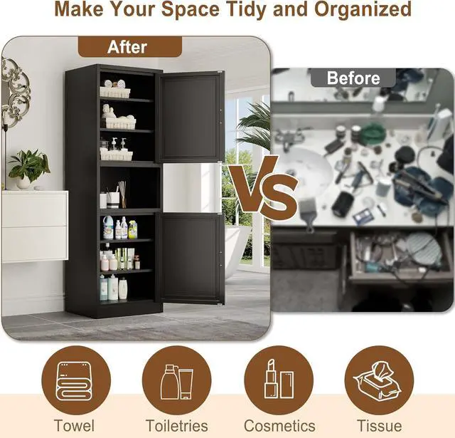 Alt view image 6 of 7 - 67" Tall Narrow Storage Cabinet Metal Bathroom Cabinet with 4 Adjustable Shelves, Freestanding Pantry Cupboard for Kitchen, Dining Room, Living Room Bathroom and Home Office (Black)