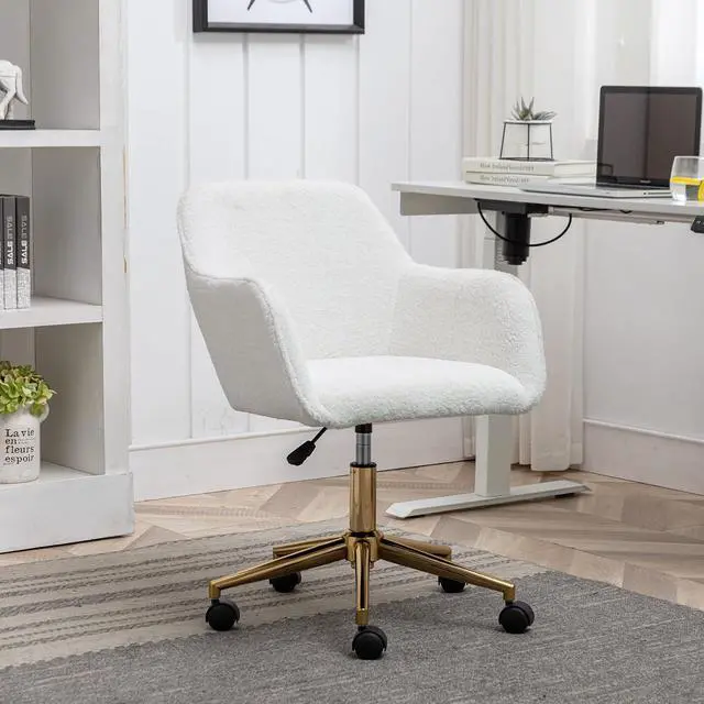Main image of Faux Fur Vanity Chair Elegant White Furry Makeup Desk Chairs for Girls Women Modern Comfy Arm Chair with Wheels in Bedroom Living Room(White&Gold)