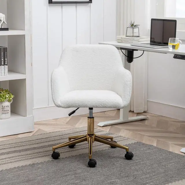 Alt view image 3 of 8 - Faux Fur Vanity Chair Elegant White Furry Makeup Desk Chairs for Girls Women Modern Comfy Arm Chair with Wheels in Bedroom Living Room(White&Gold)