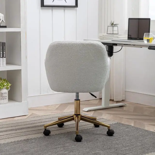 Alt view image 4 of 8 - Faux Fur Vanity Chair Elegant White Furry Makeup Desk Chairs for Girls Women Modern Comfy Arm Chair with Wheels in Bedroom Living Room(White&Gold)