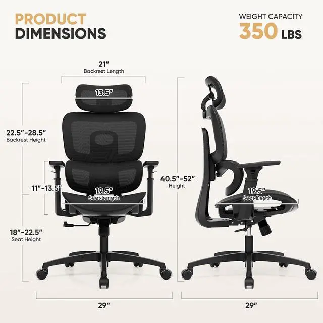 Alt view image 2 of 7 - Mesh Office Chair, High Back Ergonomic Desk Chair, Black | Adjustable Headrest, 3D Armrests, Tilt Lock, Lumbar Support, Rolling Wheels, 350 LBS Capacity, for Home, Office