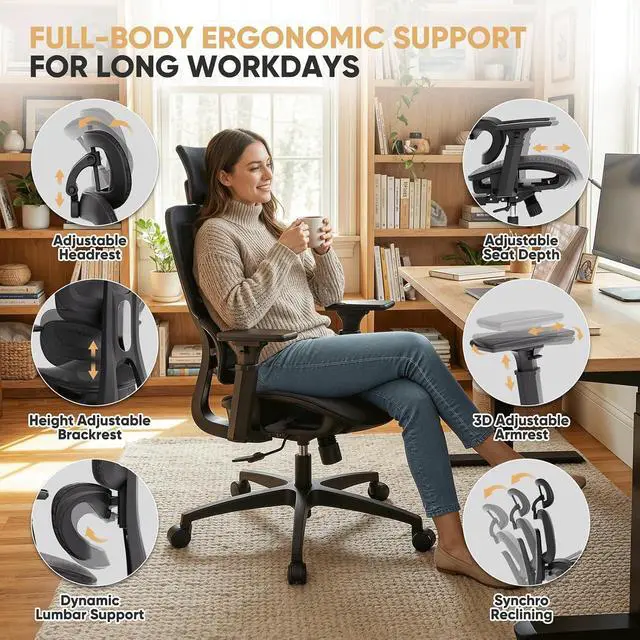 Alt view image 3 of 7 - Mesh Office Chair, High Back Ergonomic Desk Chair, Black | Adjustable Headrest, 3D Armrests, Tilt Lock, Lumbar Support, Rolling Wheels, 350 LBS Capacity, for Home, Office