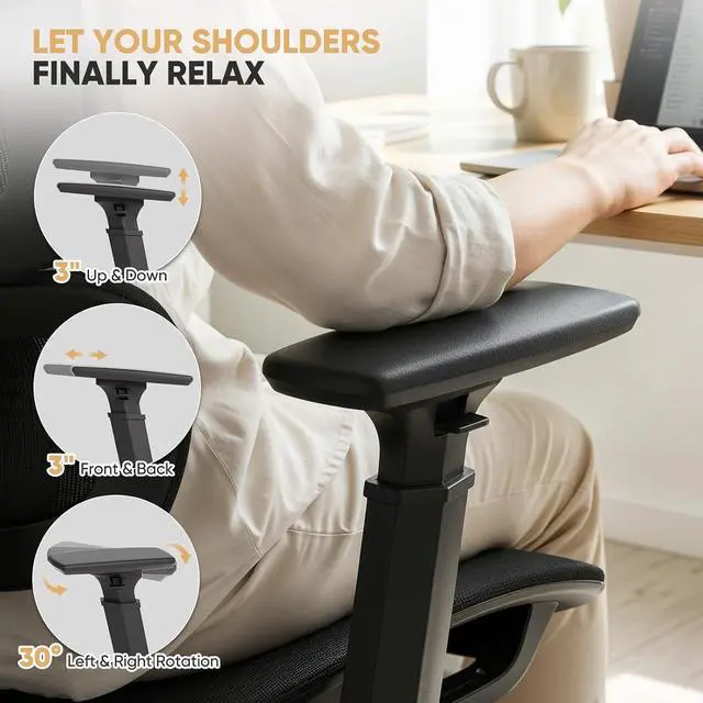 Alt view image 4 of 7 - Mesh Office Chair, High Back Ergonomic Desk Chair, Black | Adjustable Headrest, 3D Armrests, Tilt Lock, Lumbar Support, Rolling Wheels, 350 LBS Capacity, for Home, Office