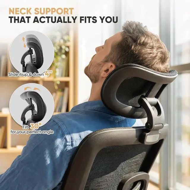 Alt view image 5 of 7 - Mesh Office Chair, High Back Ergonomic Desk Chair, Black | Adjustable Headrest, 3D Armrests, Tilt Lock, Lumbar Support, Rolling Wheels, 350 LBS Capacity, for Home, Office