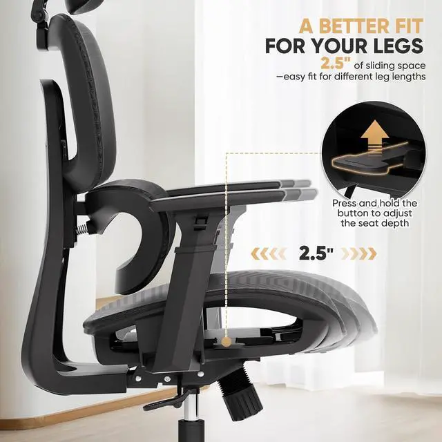 Alt view image 6 of 7 - Mesh Office Chair, High Back Ergonomic Desk Chair, Black | Adjustable Headrest, 3D Armrests, Tilt Lock, Lumbar Support, Rolling Wheels, 350 LBS Capacity, for Home, Office