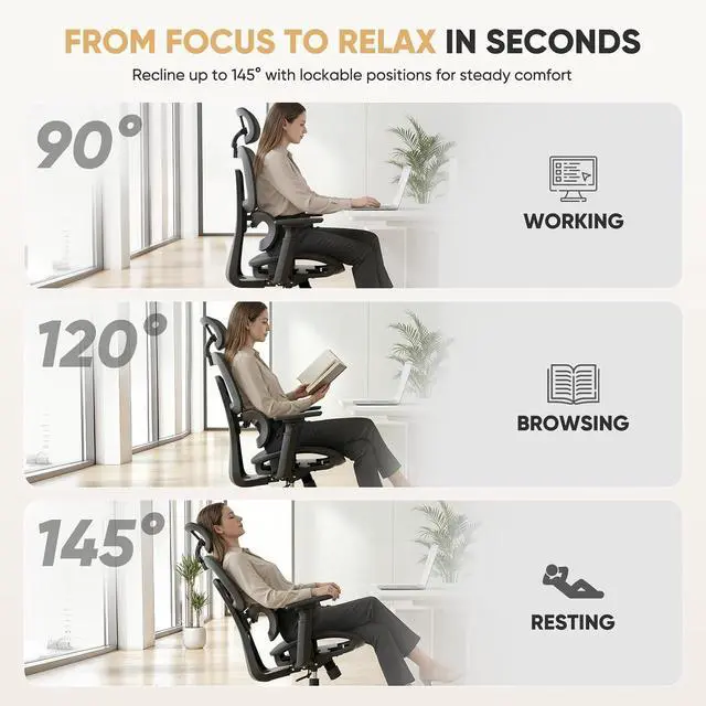 Alt view image 7 of 7 - Mesh Office Chair, High Back Ergonomic Desk Chair, Black | Adjustable Headrest, 3D Armrests, Tilt Lock, Lumbar Support, Rolling Wheels, 350 LBS Capacity, for Home, Office
