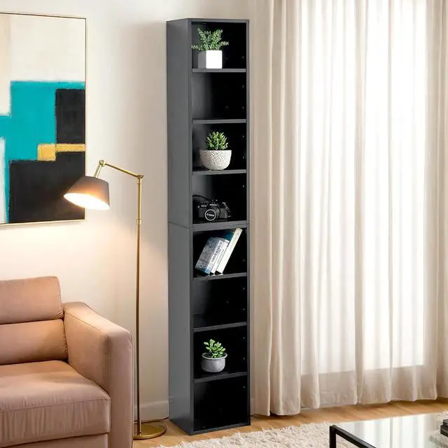 Main image of 8-Tier CD DVD Tower Rack Media Storage Display Cabinet Tall Narrow Bookcase with Adjustable Shelves for Small Spaces, 11.6" x 9.3" x 71", Slim Bookshelf for Home Office, Black