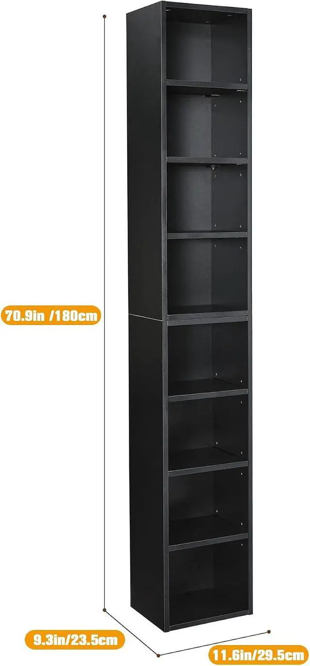 Alt view image 2 of 7 - 8-Tier CD DVD Tower Rack Media Storage Display Cabinet Tall Narrow Bookcase with Adjustable Shelves for Small Spaces, 11.6" x 9.3" x 71", Slim Bookshelf for Home Office, Black